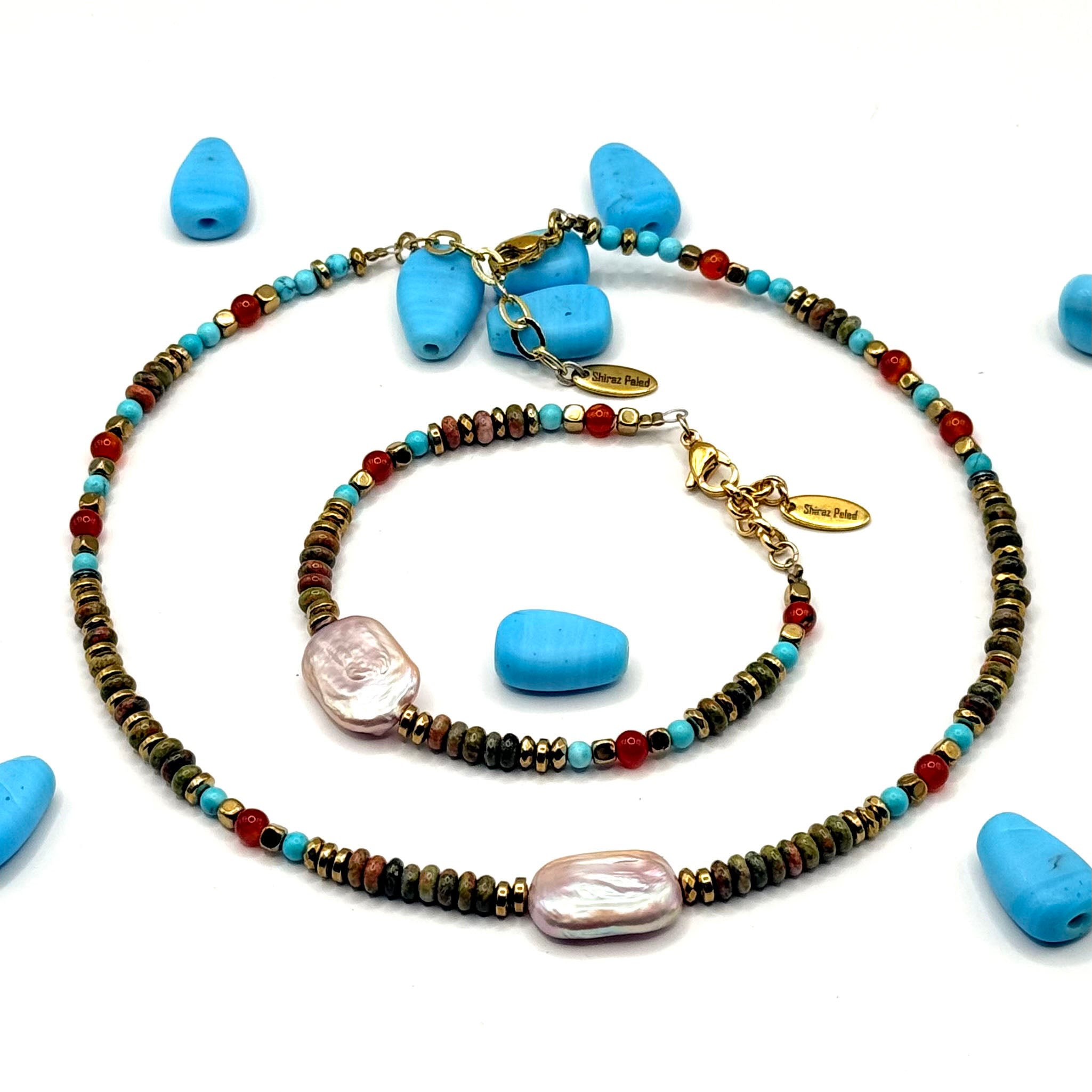 שרשרת פנינה בורוד עתיק ואבנים טבעיות קתרין