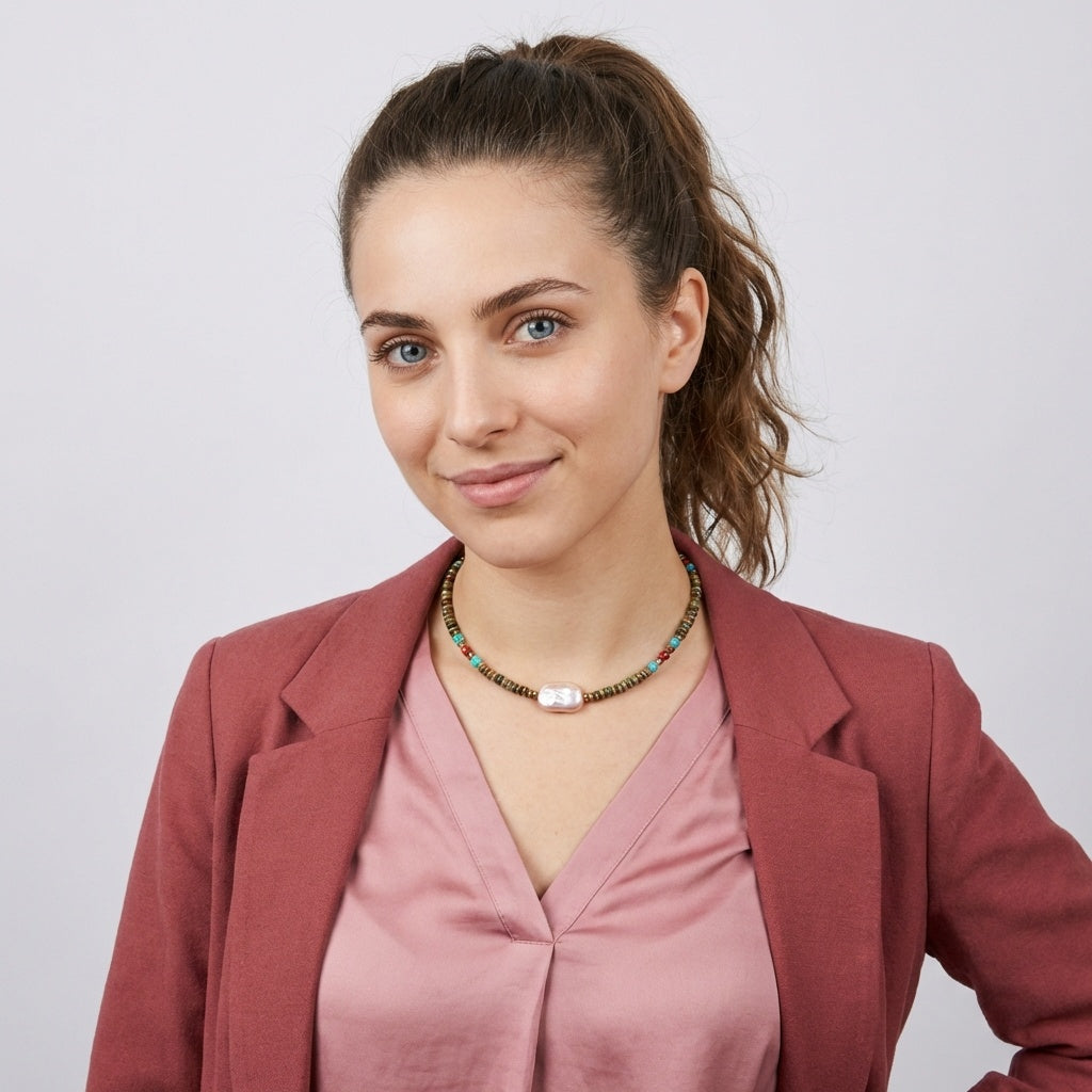 שרשרת פנינה בורוד עתיק ואבנים טבעיות קתרין